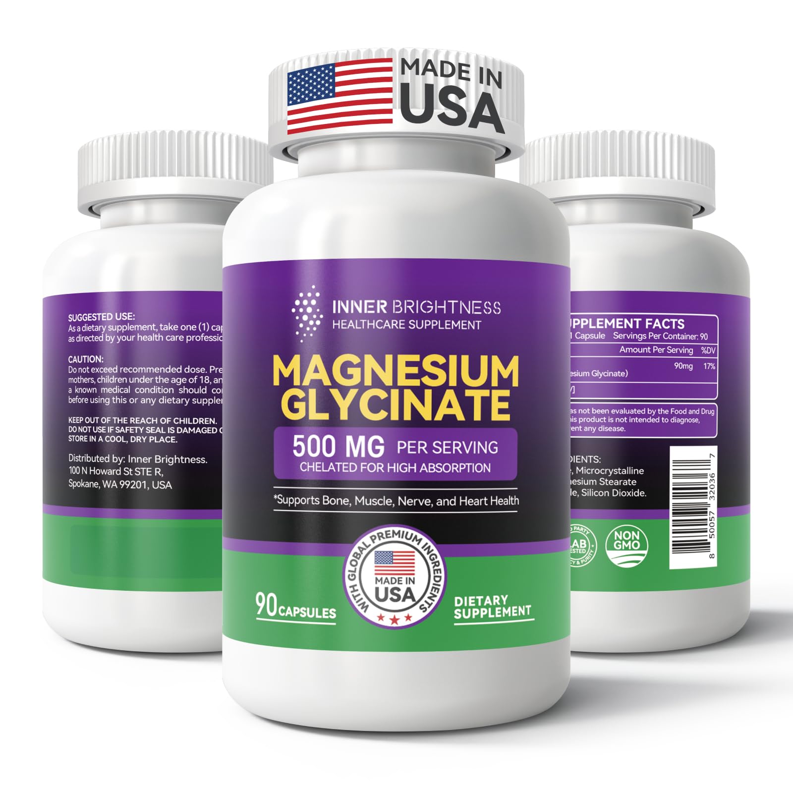 Foto 2 pulgar | Suplemento De Glicinato De Magnesio Inner Brightness 500 Mg X90 - Venta Internacional.