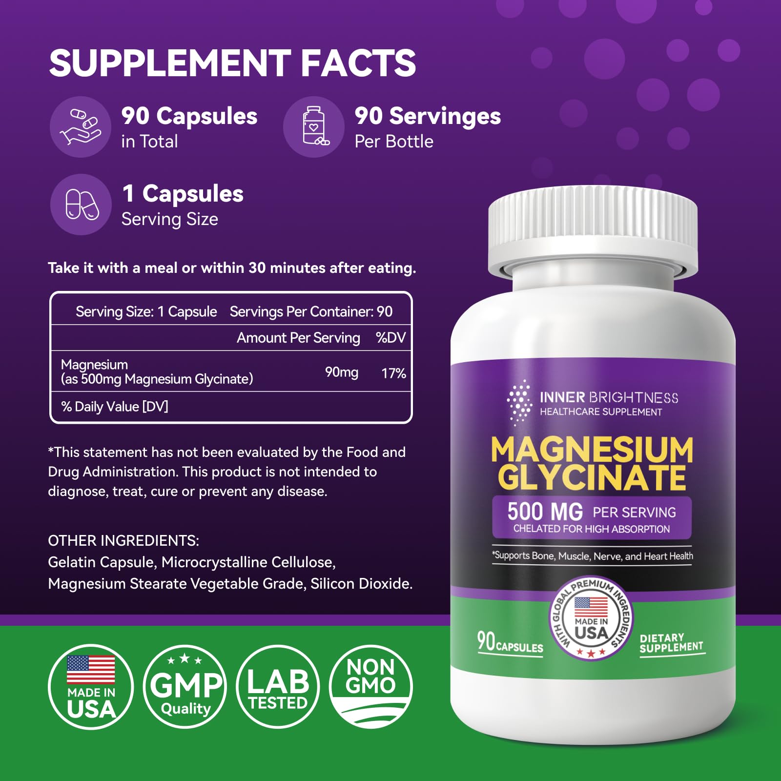 Foto 7 pulgar | Suplemento De Glicinato De Magnesio Inner Brightness 500 Mg X90 - Venta Internacional.