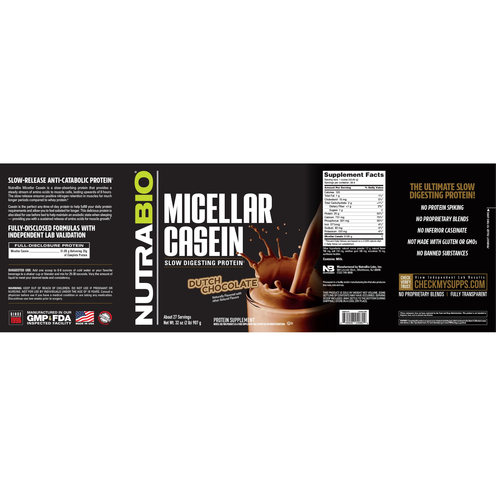 Foto 3 | Proteína En Polvo Nutrabio, Caseína Micelar, Chocolate Holandés, 907 G - Venta Internacional.