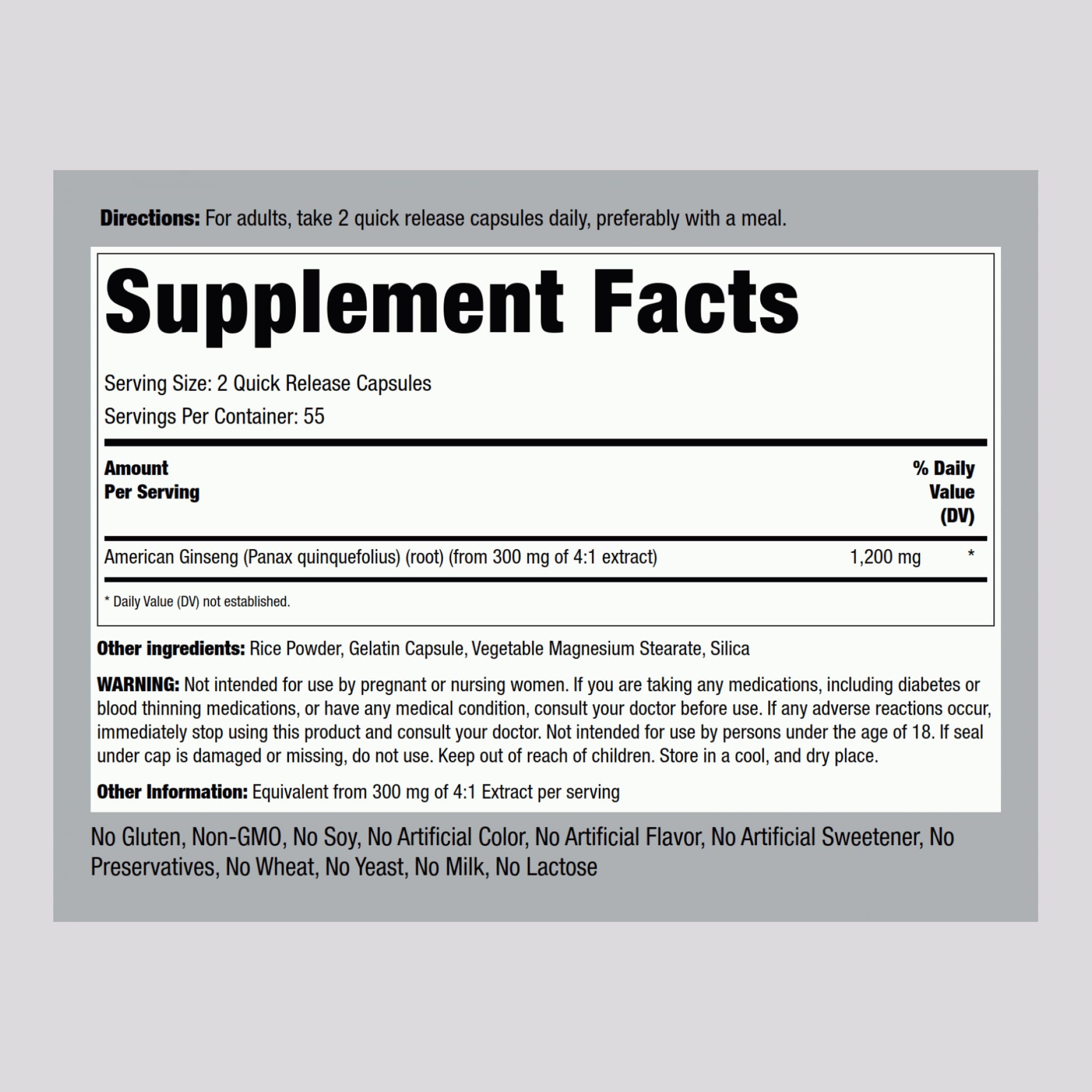 Foto 2 | Suplemento Piping Rock American Ginseng En Cápsulas De 1200 Mg - Venta Internacional.