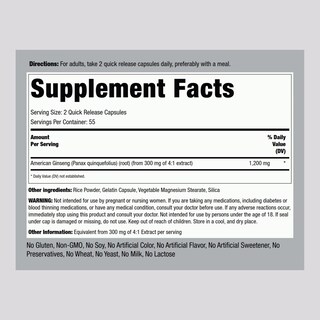 Foto 2 | Suplemento Piping Rock American Ginseng En Cápsulas De 1200 Mg - Venta Internacional.