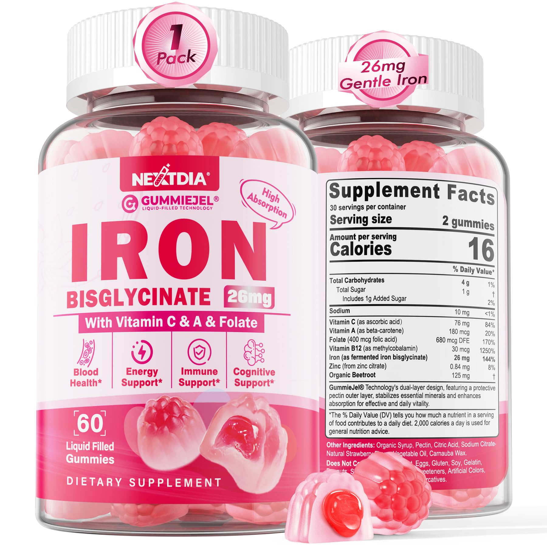 Foto 2 pulgar | Suplemento De Hierro Nextdia Vegan Iron + Gomitas De Raíz De Remolacha 26 Mg - Venta Internacional.