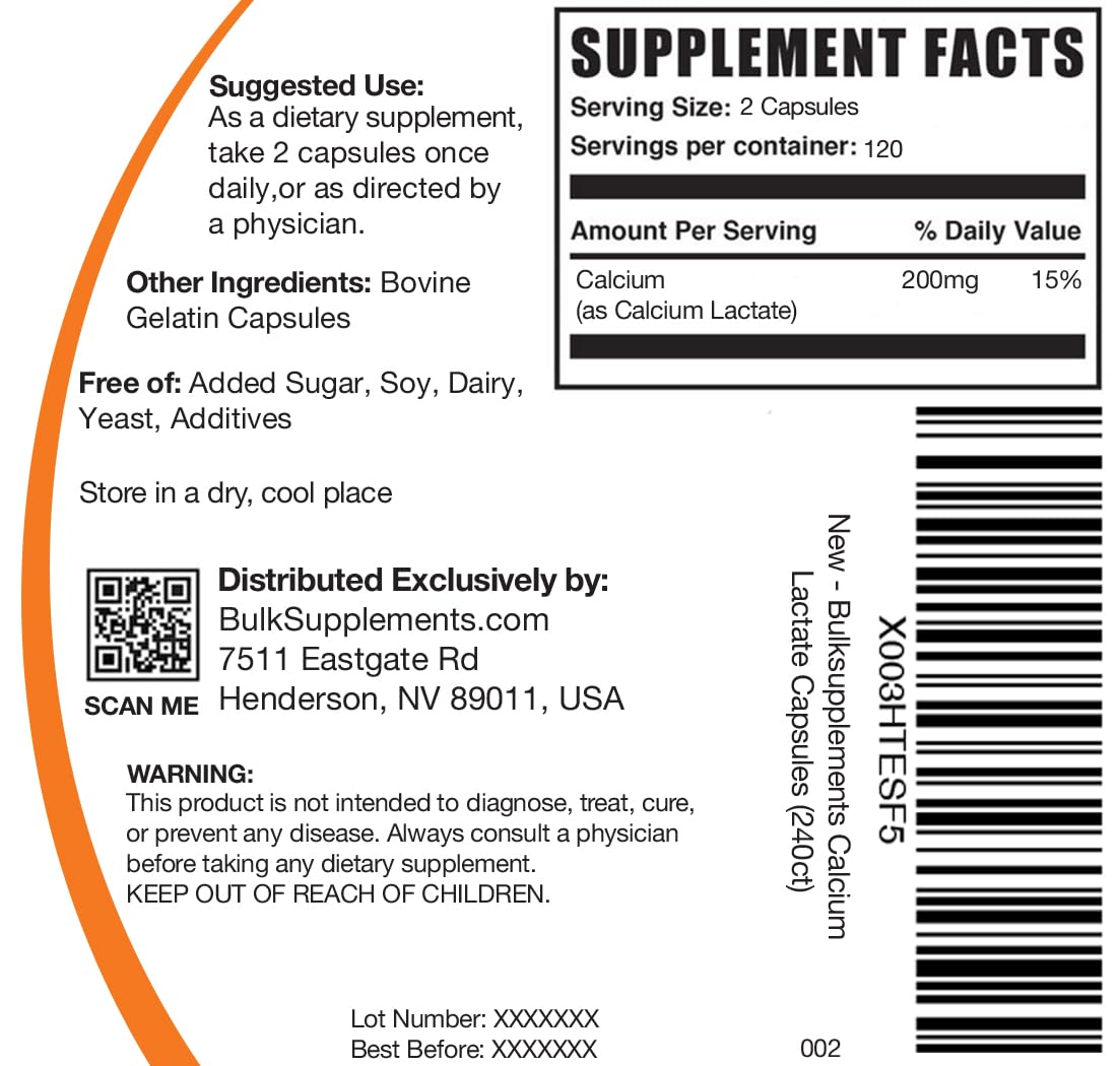 Foto 8 pulgar | Suplemento De Lactato De Calcio, Suplementos A Granel, 200 Mg, 240 Cápsulas - Venta Internacional.
