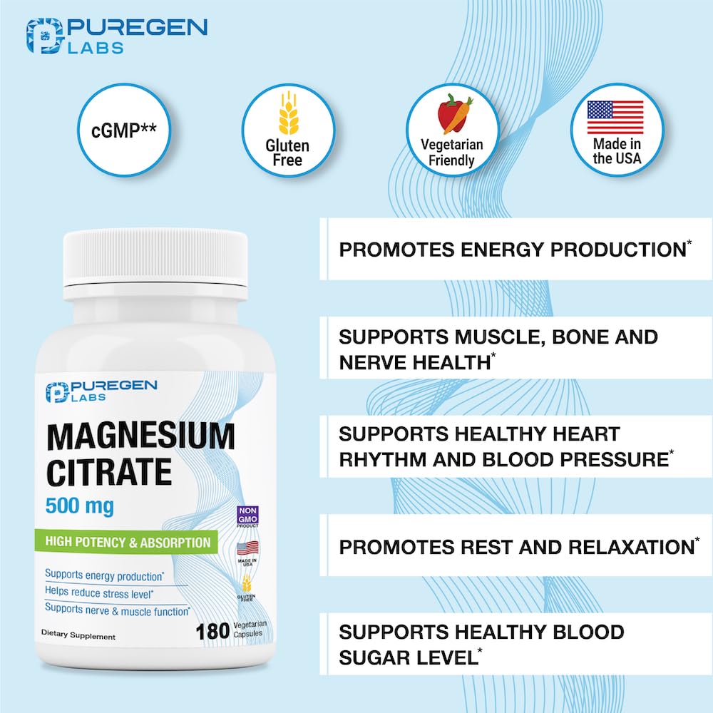 Foto 4 pulgar | Suplemento De Citrato De Magnesio Puregen Labs 500 Mg 180 Cápsulas - Venta Internacional.