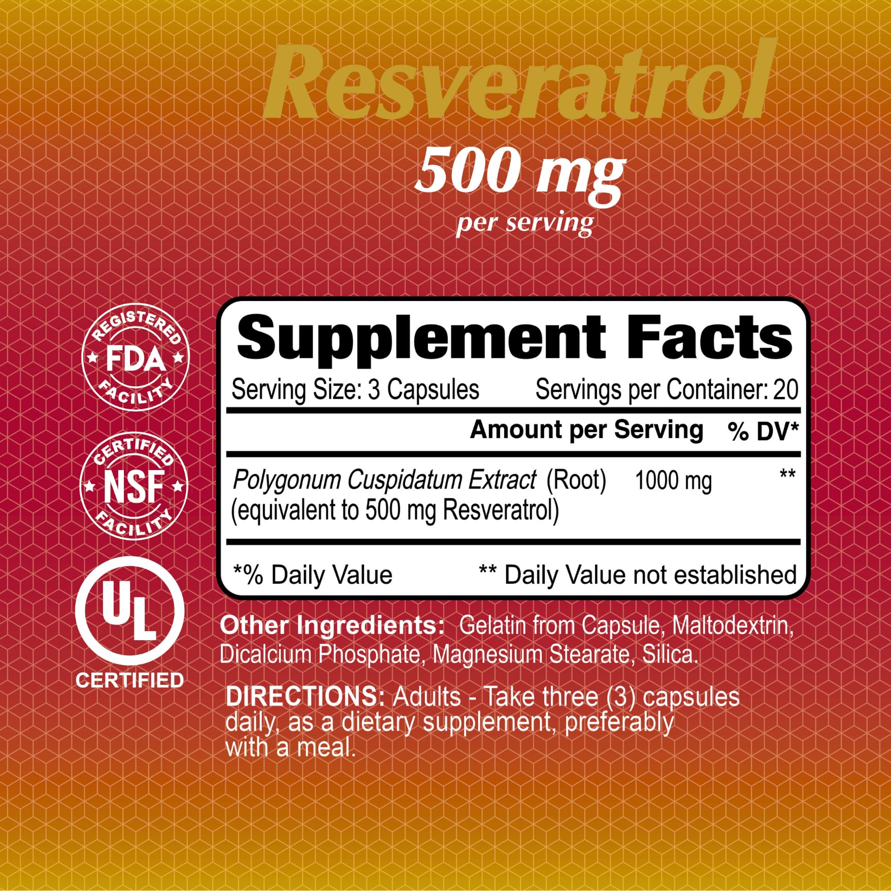 Foto 3 pulgar | Suplemento Alfa Vitamins Resveratrol 1000 Mg 60 Cápsulas - Venta Internacional.