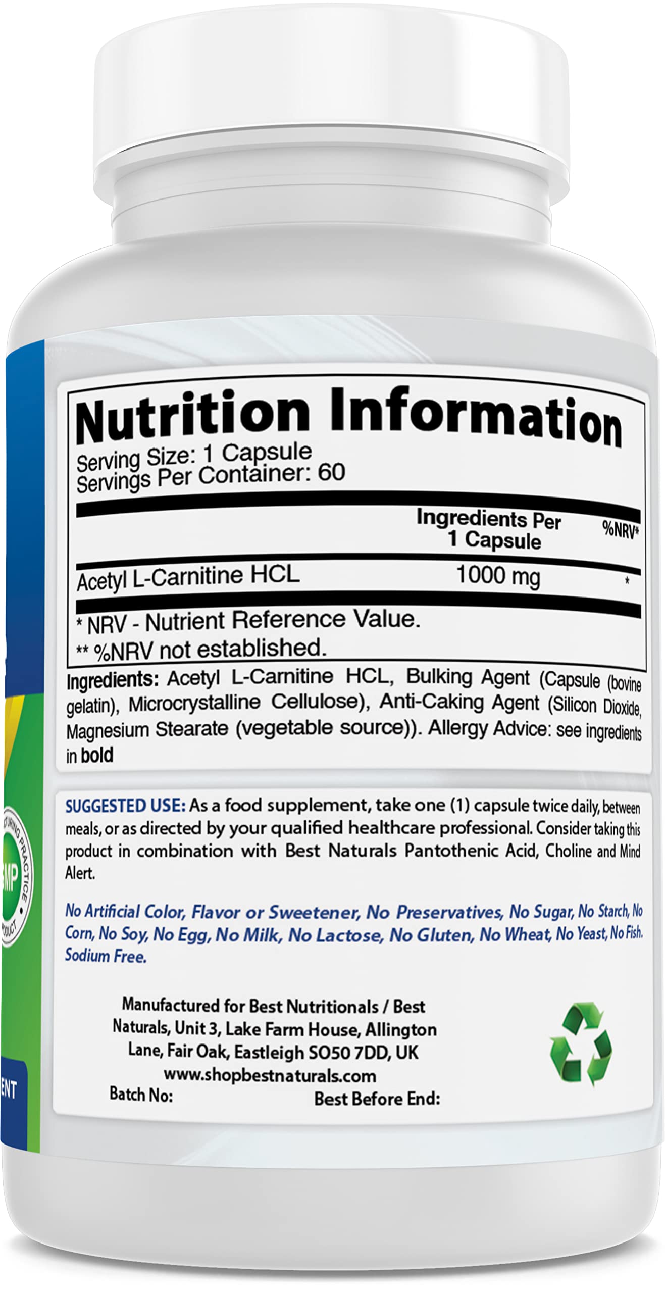 Foto 3 pulgar | Suplemento Best Naturals Acetil L-carnitina 1000 Mg 60 Cápsulas - Venta Internacional.