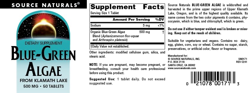 Foto 5 pulgar | Algas Verdiazules De Supplement Source Naturals 500 Mg 50 Comprimidos - Venta Internacional.