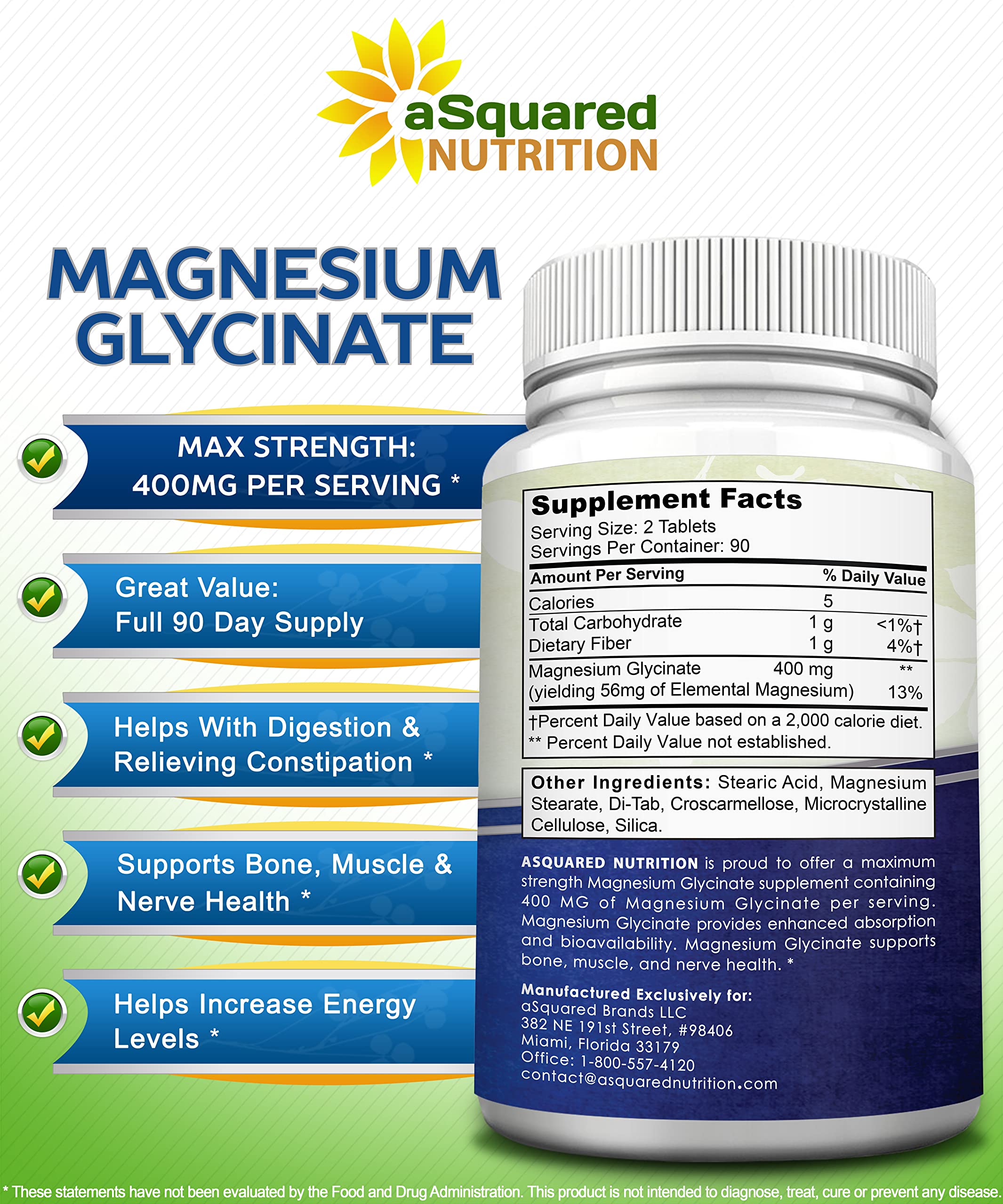 Foto 3 | Suplemento De Glicinato De Magnesio De Squared Nutrition 400 Mg - Venta Internacional.