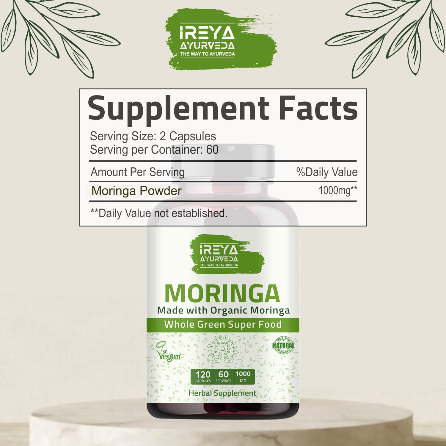 Foto 2 | Suplemento Ireya Ayurveda Moringa En Cápsula 1000 Mg (120 Cápsulas) - Venta Internacional.