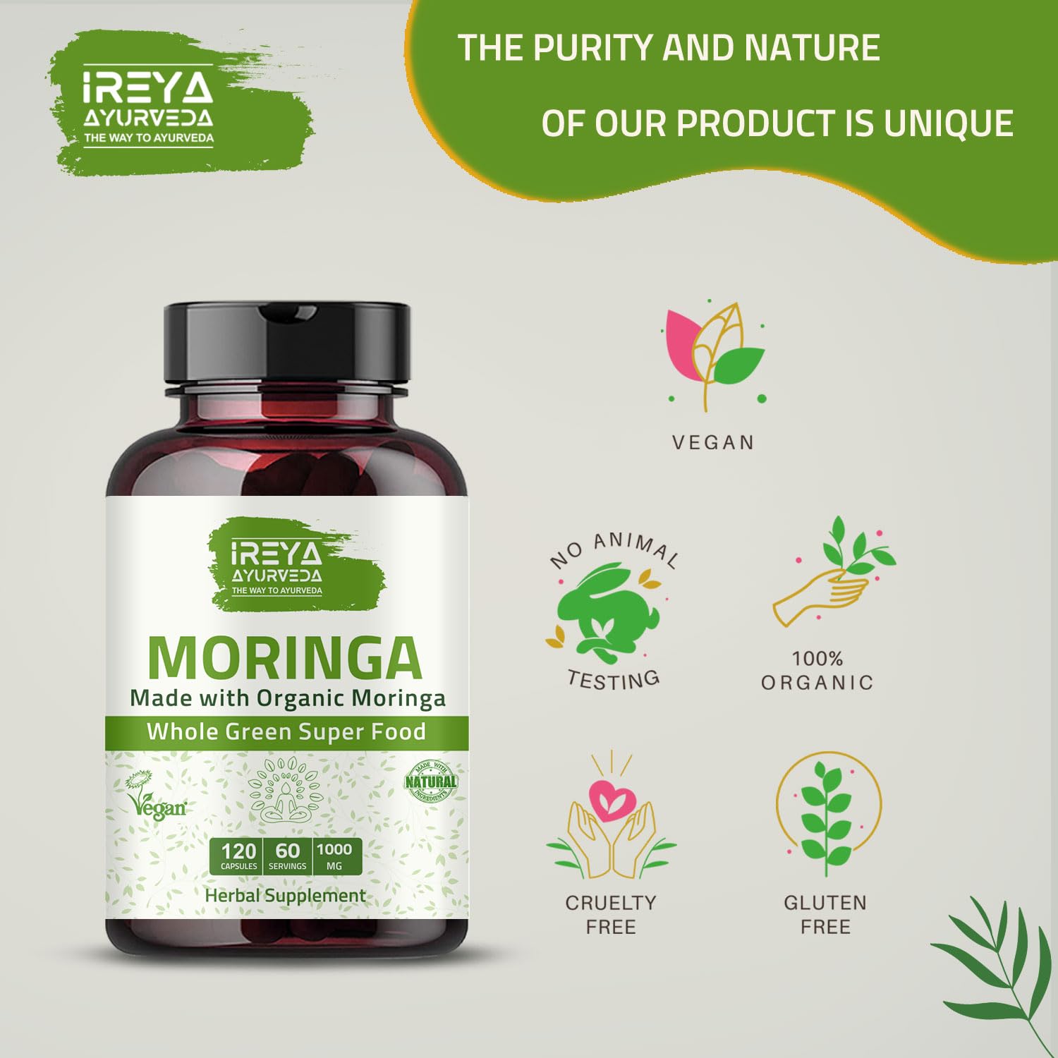 Foto 7 pulgar | Suplemento Ireya Ayurveda Moringa En Cápsula 1000 Mg (120 Cápsulas) - Venta Internacional.