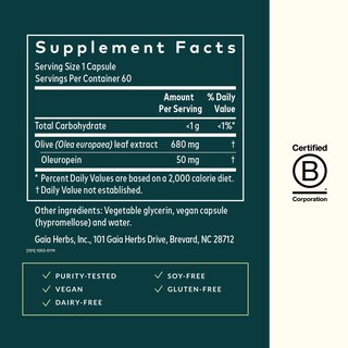 Foto 2 | Suplemento De Extracto De Hoja De Olivo De Gaia Herbs 60 Cápsulas Veganas - Venta Internacional.