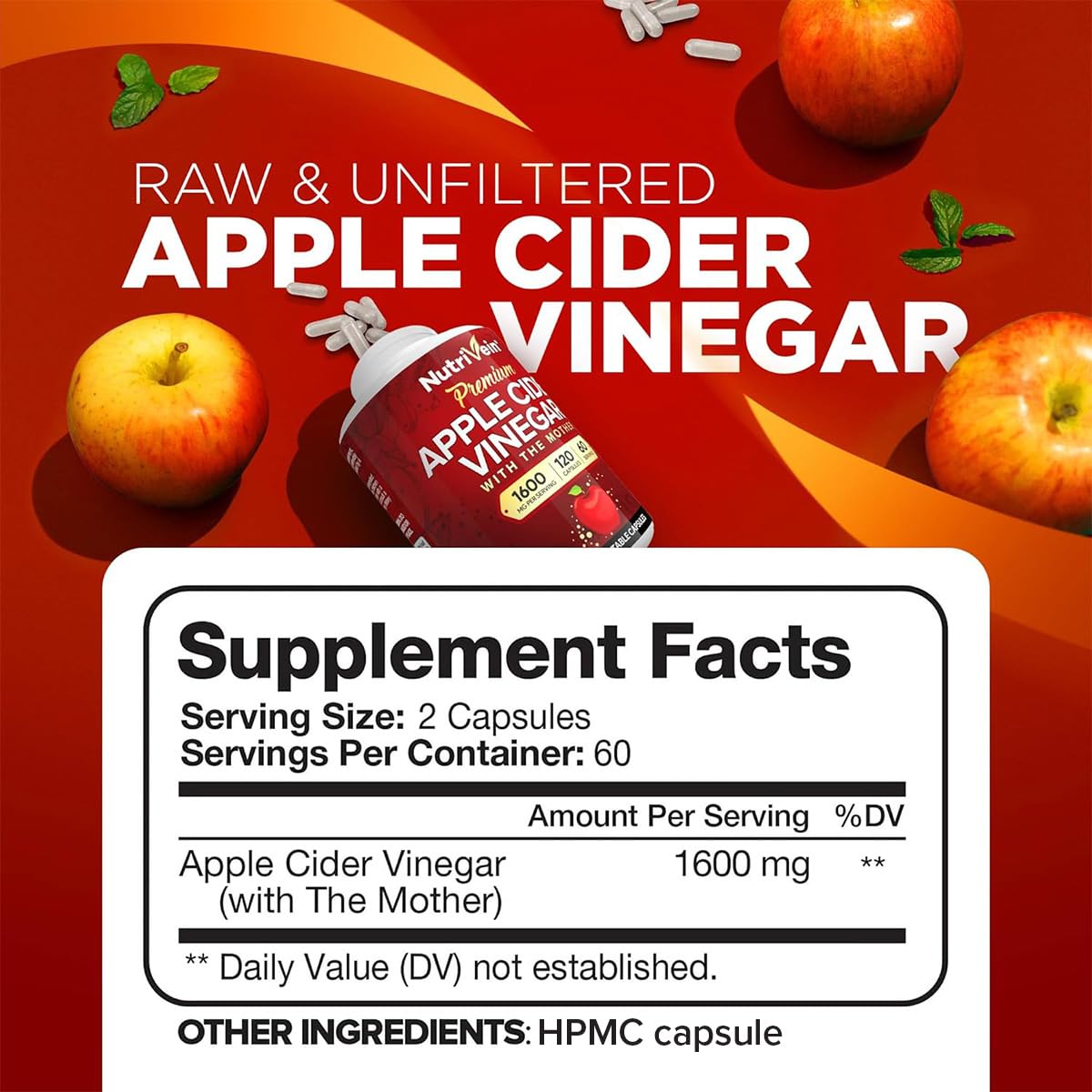 Foto 3 pulgar | Suplementos Nutrivein: Vinagre De Sidra De Manzana, 1600 Mg, 120 Cápsulas - Venta Internacional.