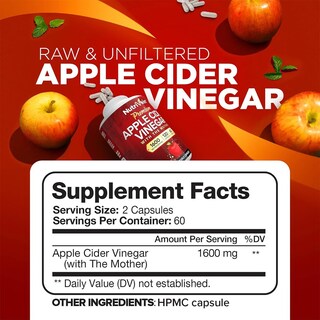 Foto 2 | Suplementos Nutrivein: Vinagre De Sidra De Manzana, 1600 Mg, 120 Cápsulas - Venta Internacional.