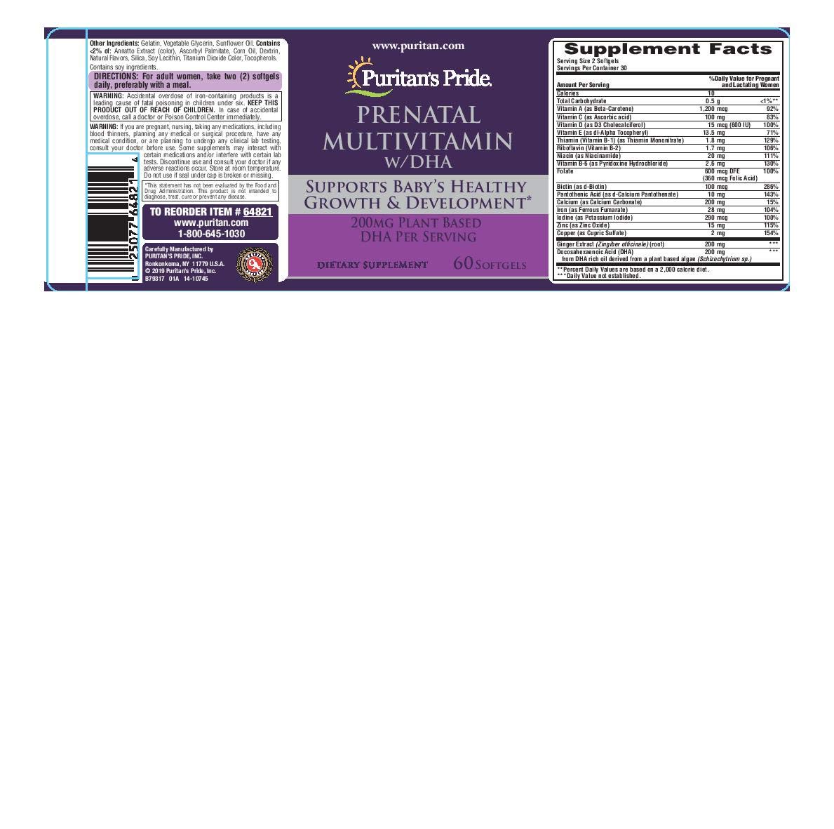 Foto 3 pulgar | Multivitamínico Prenatal Puritan's Pride 60 Cápsulas Blandas Con Dha - Venta Internacional.