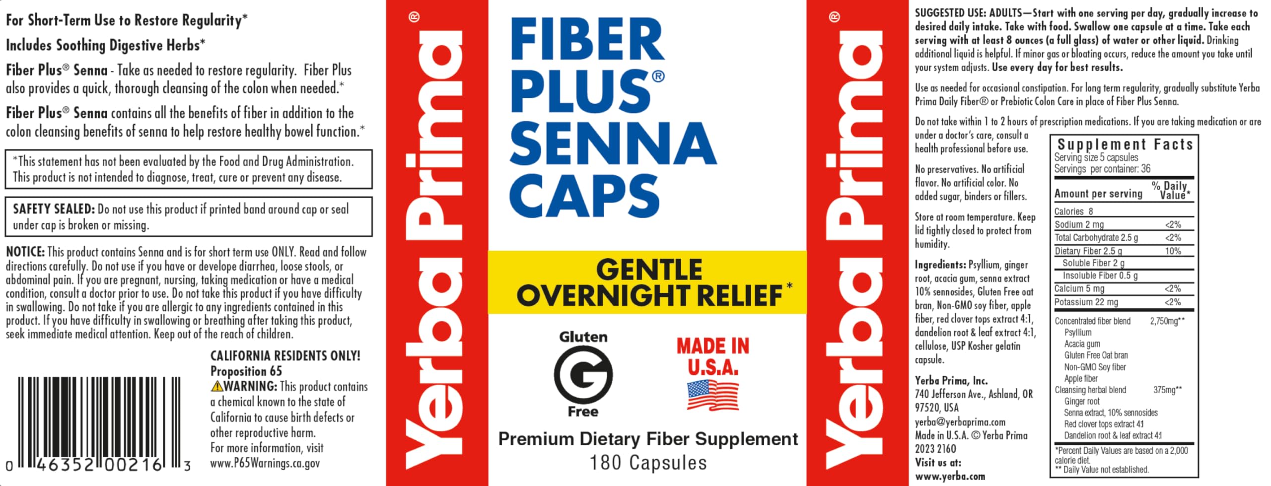 Foto 3 pulgar | Suplemento Yerba Prima Fiber Plus Senna En Cápsulas De 180 Unidades - Venta Internacional.