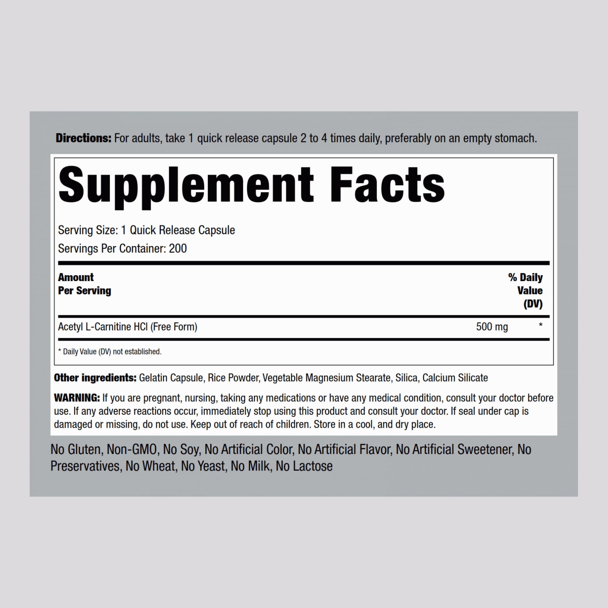 Foto 2 | Suplemento Piping Rock Acetil L-carnitina Hcl 500 Mg 200 Cápsulas - Venta Internacional.