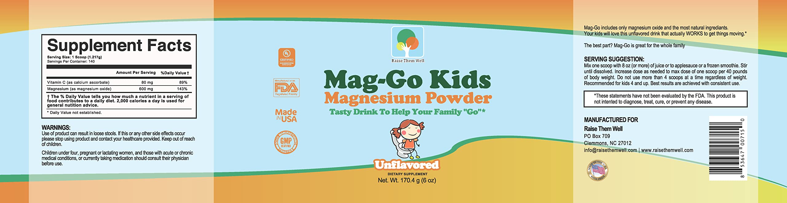Foto 2 | Mag-go Kids De Magnesio En Polvo Raise Them Well, 90 Porciones - Venta Internacional.