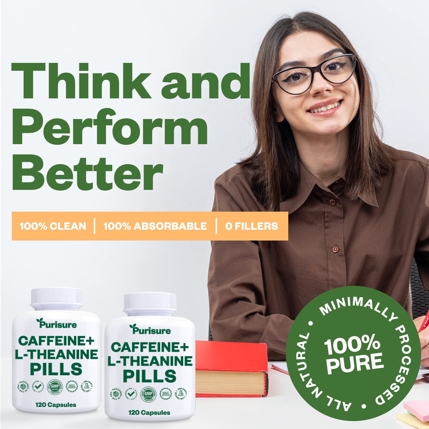 Foto 5 pulgar | Cápsulas De Cafeína Y Teanina Purisure 100 Mg + 200 Mg 120 Días - Venta Internacional.