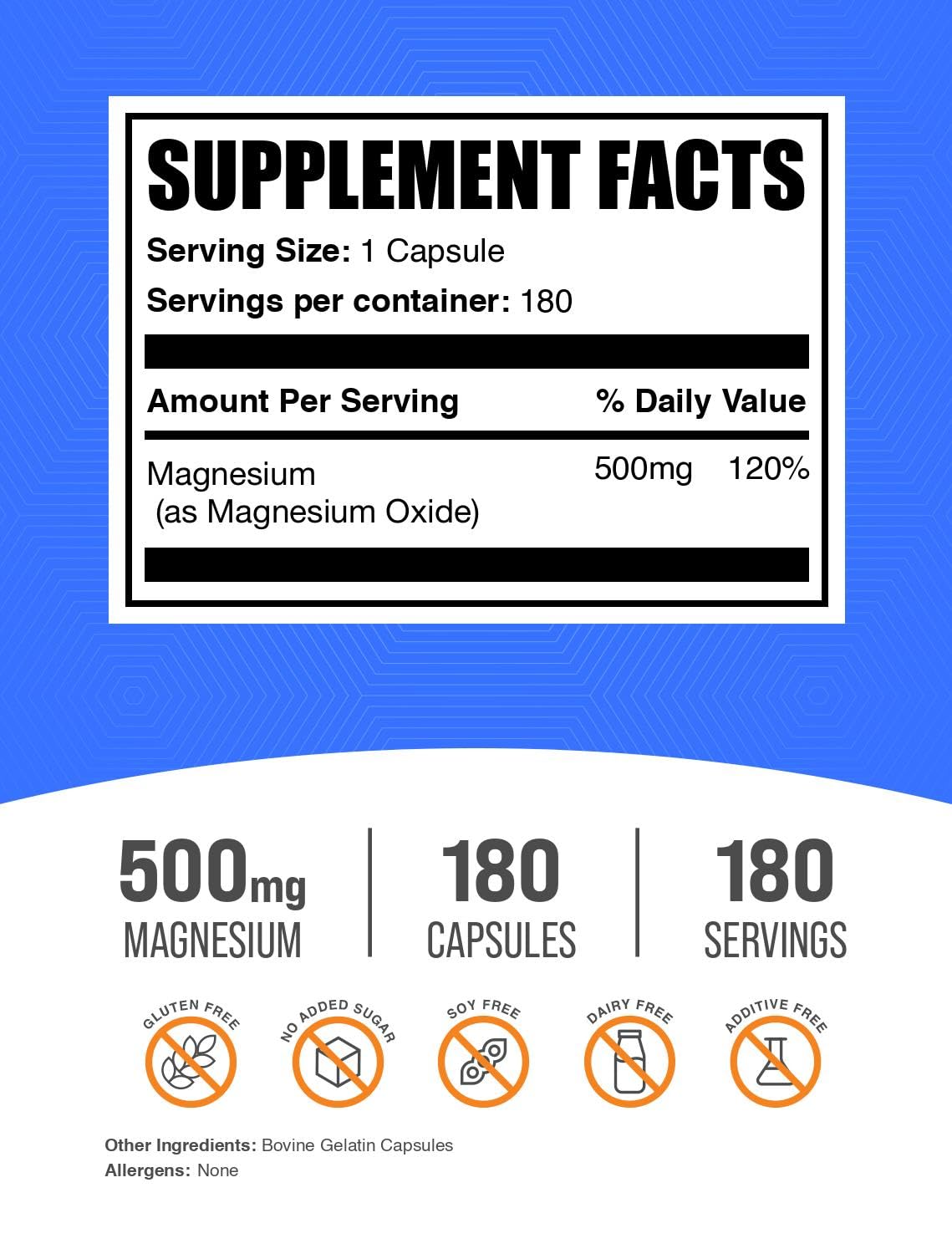 Foto 3 pulgar | Suplemento De Magnesio Bulksupplements.com Óxido De Magnesio 500 Mg - Venta Internacional.