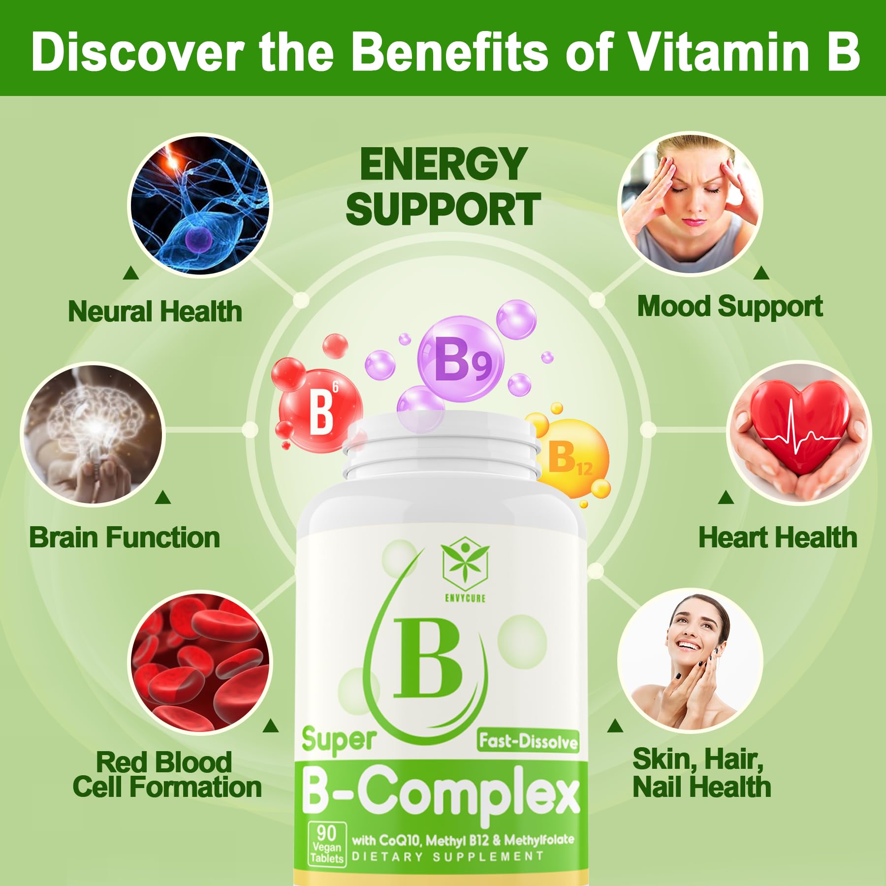 Foto 4 | Suplemento Envycure, Complejo De Vitamina B Sin Azúcar, 180 Tabletas - Venta Internacional.