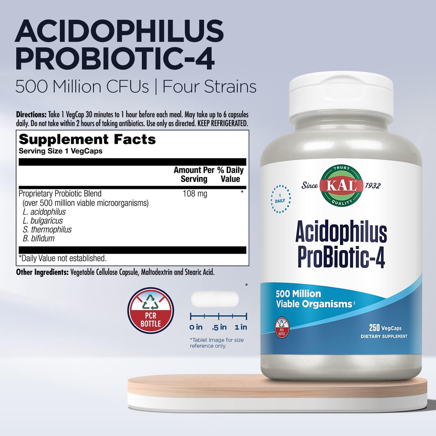 Foto 4 pulgar | Probiótico Kal Acidophilus Probiotic-4 500 M Cfus 250 Cápsulas Vegetales - Venta Internacional.