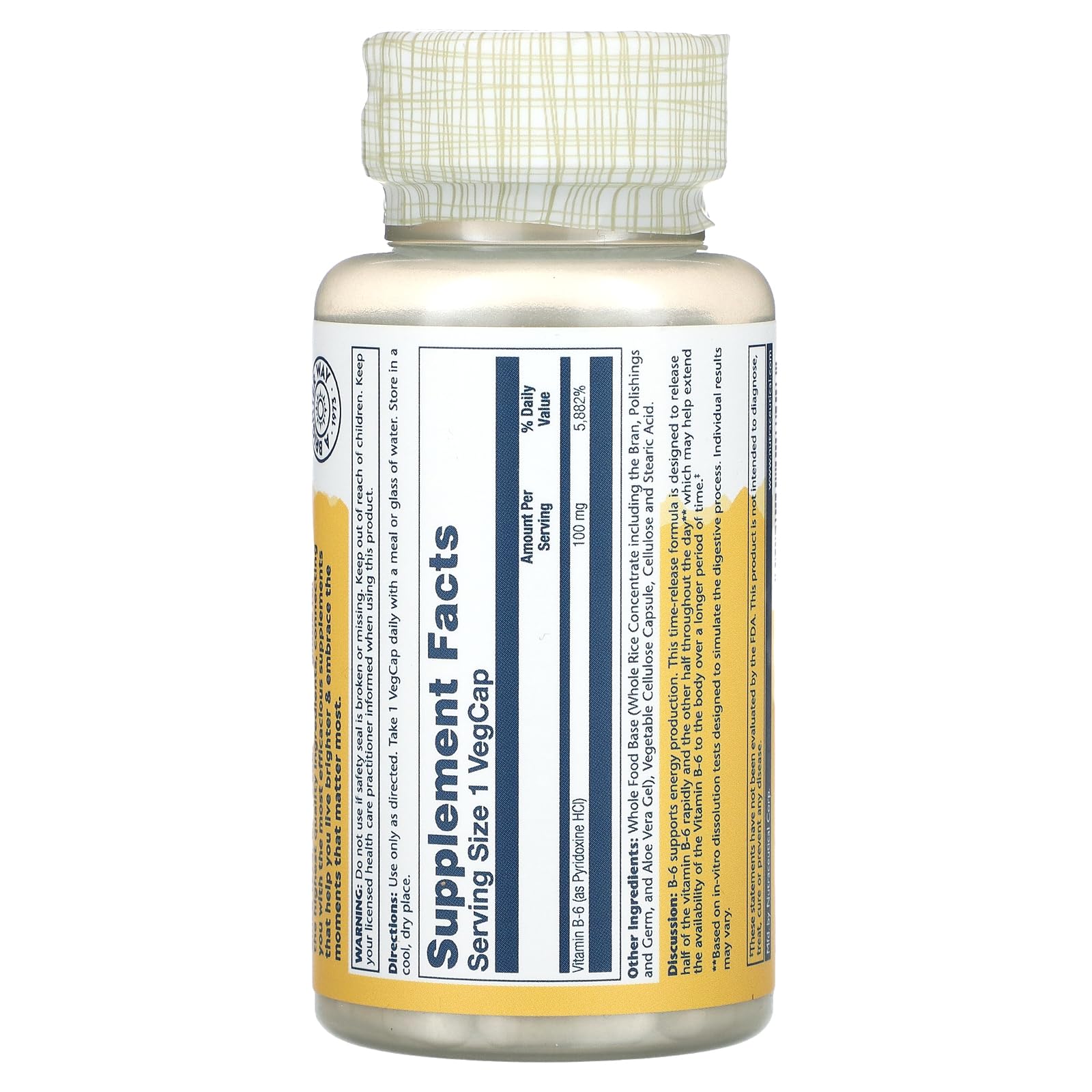 Foto 2 | Suplemento Solaray B6 De Liberación Cronometrada En Dos Etapas, 100 Mg, 60 Tabletas - Venta Internacional.