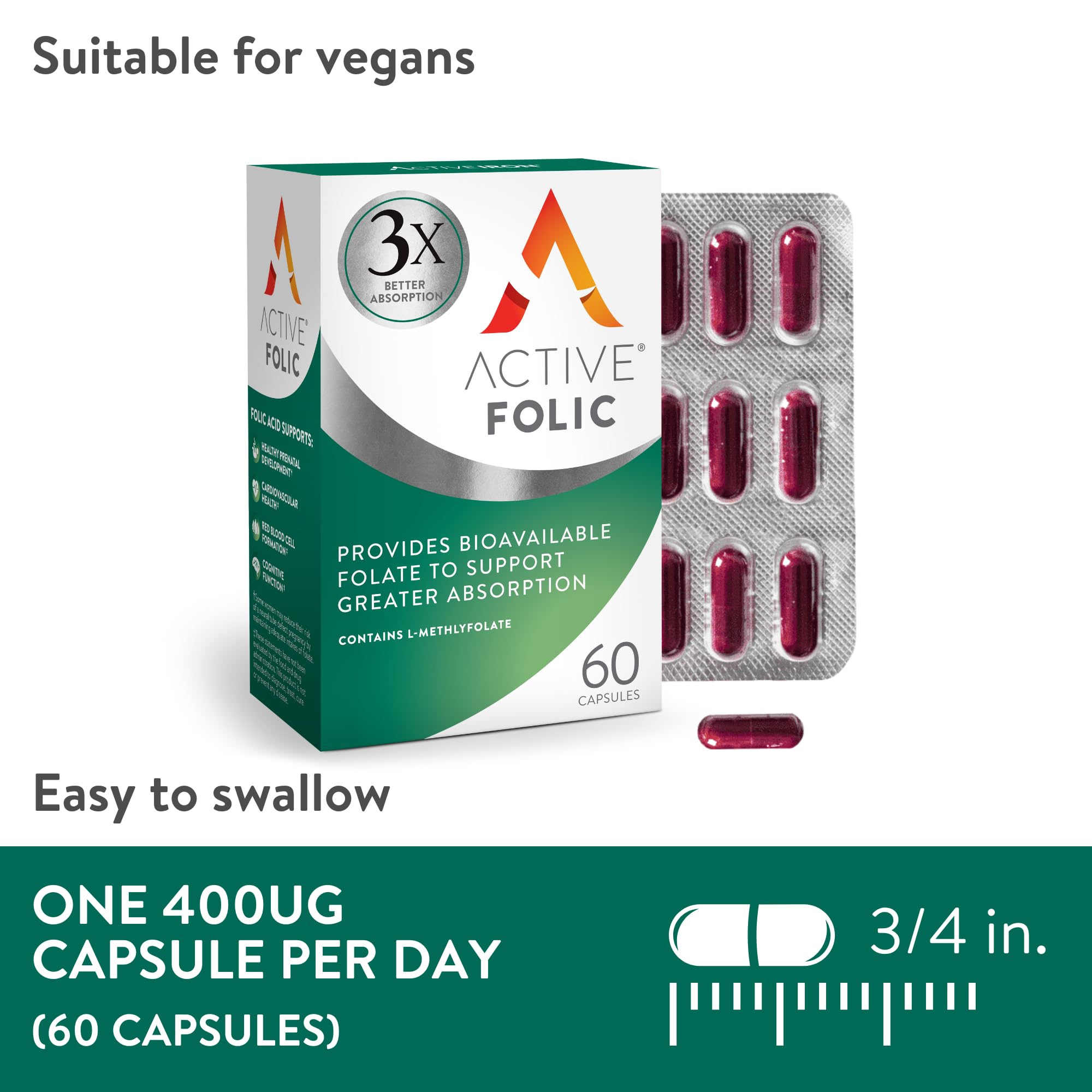 Foto 7 pulgar | Suplemento Activeiron De Ácido Fólico Activo Para El Embarazo 60 Cápsulas - Venta Internacional.