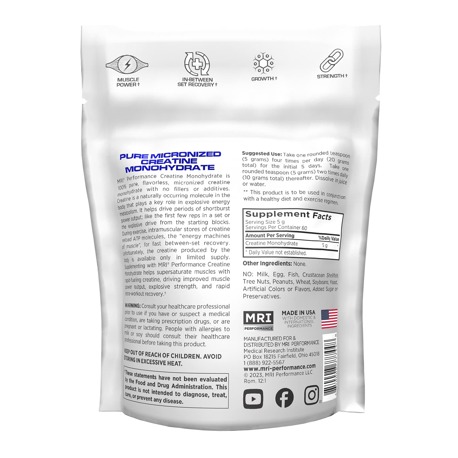 Foto 3 pulgar | Suplemento Mri Performance De Monohidrato De Creatina 300 G - Venta Internacional.