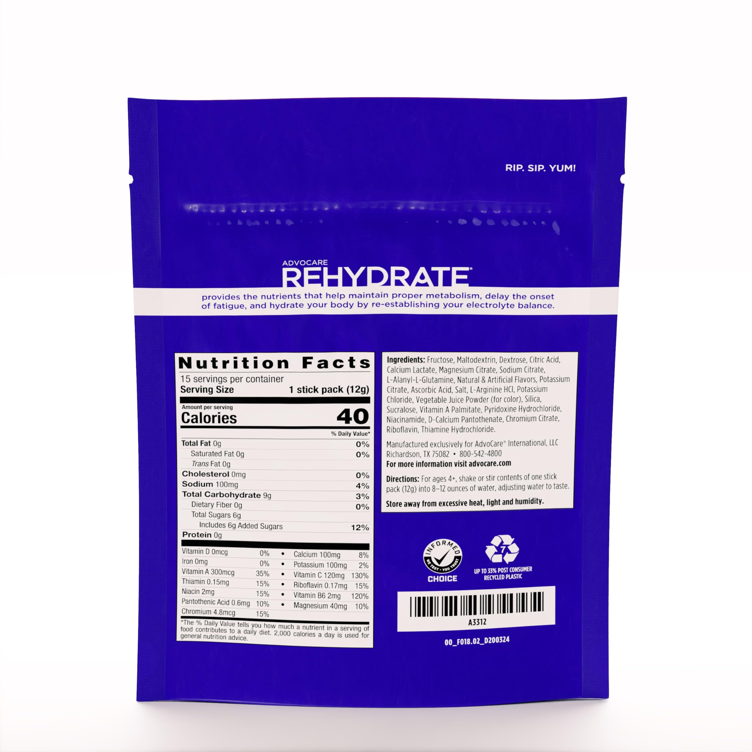 Foto 2 | Electrolítos AdvoCare Rehydrate Fruit Punch 15 Piezas- Venta Internacional