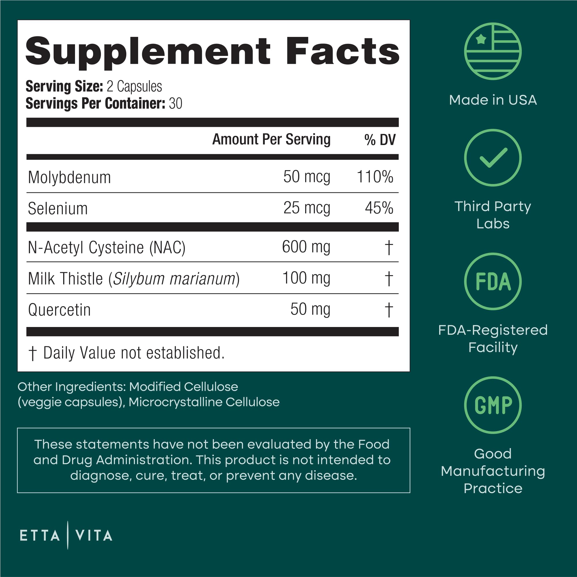 Foto 7 | Suplemento Etta Vita De N-acetil Cisteína 600 Mg Con Quercetina 60 - Venta Internacional.