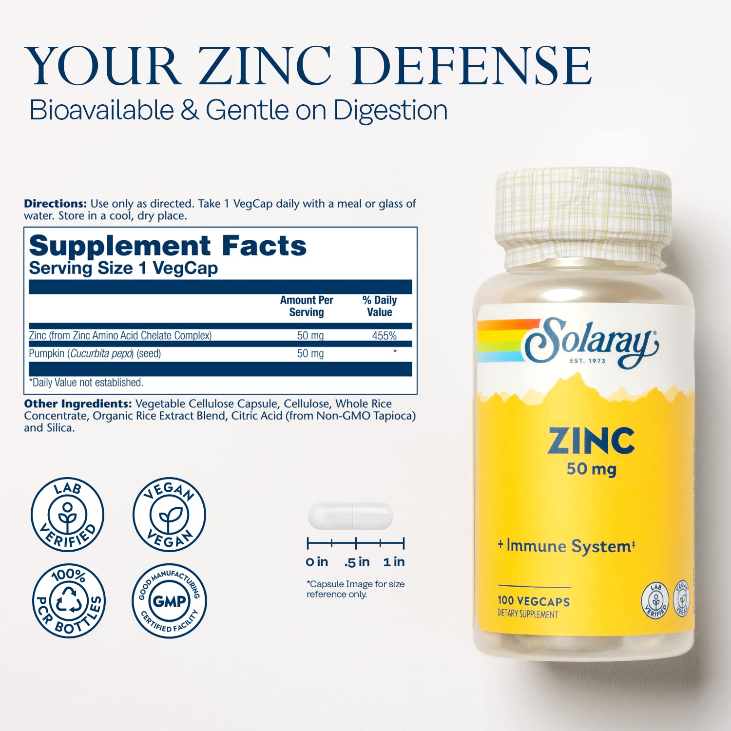 Foto 3 pulgar | Suplemento Solaray Zinc 50 Mg Para Apoyo Inmunológico, 100 Cápsulas - Venta Internacional.