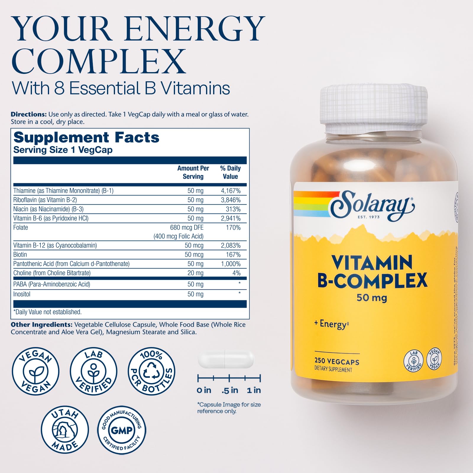 Foto 2 | Suplemento Del Complejo De Vitamina B Solaray, 50 Mg, 250 Cápsulas Vegetales - Venta Internacional.