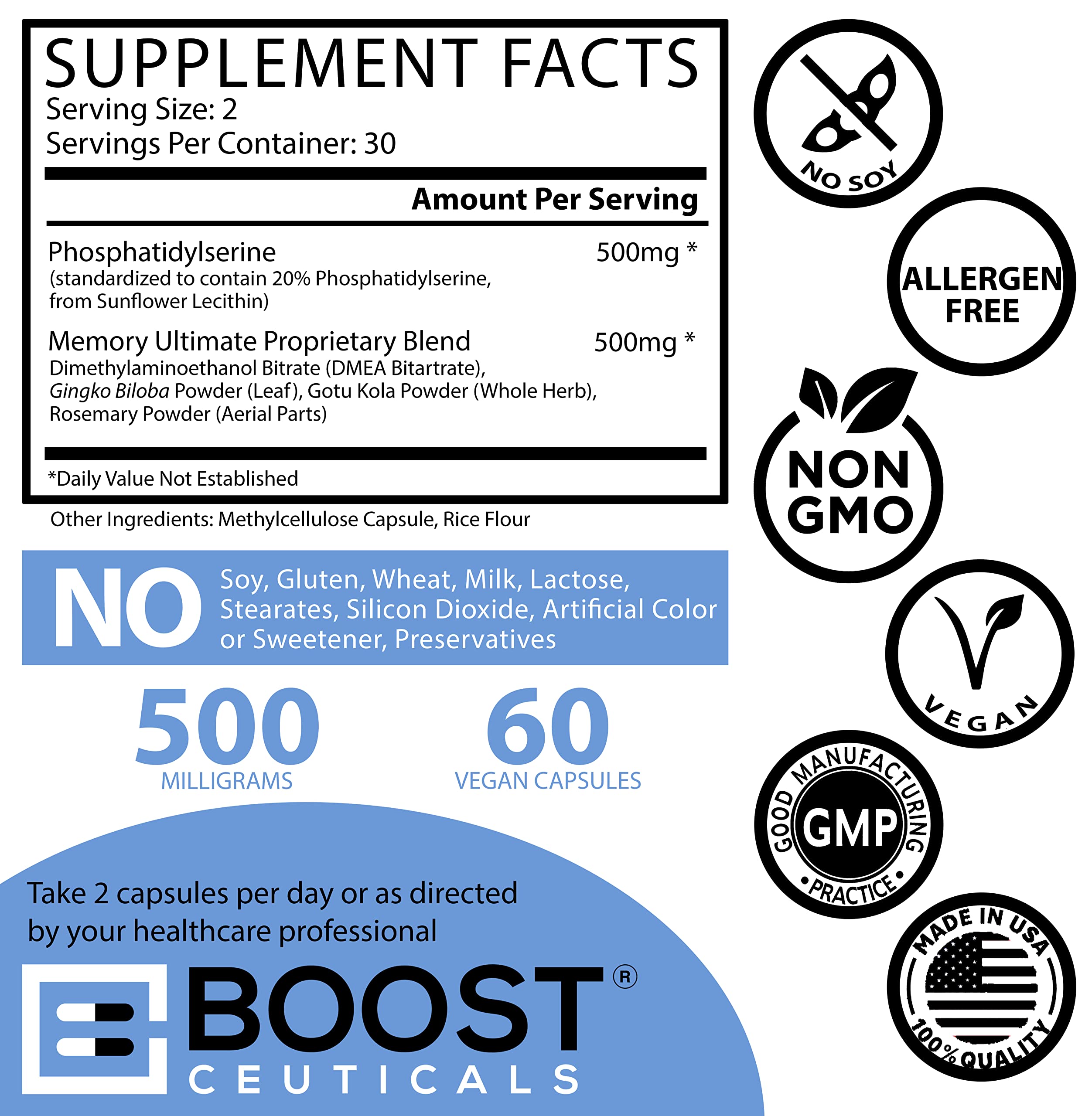 Foto 3 | Suplemento Boostceuticals Premium De Fosfatidilserina 500 Mg - Venta Internacional.