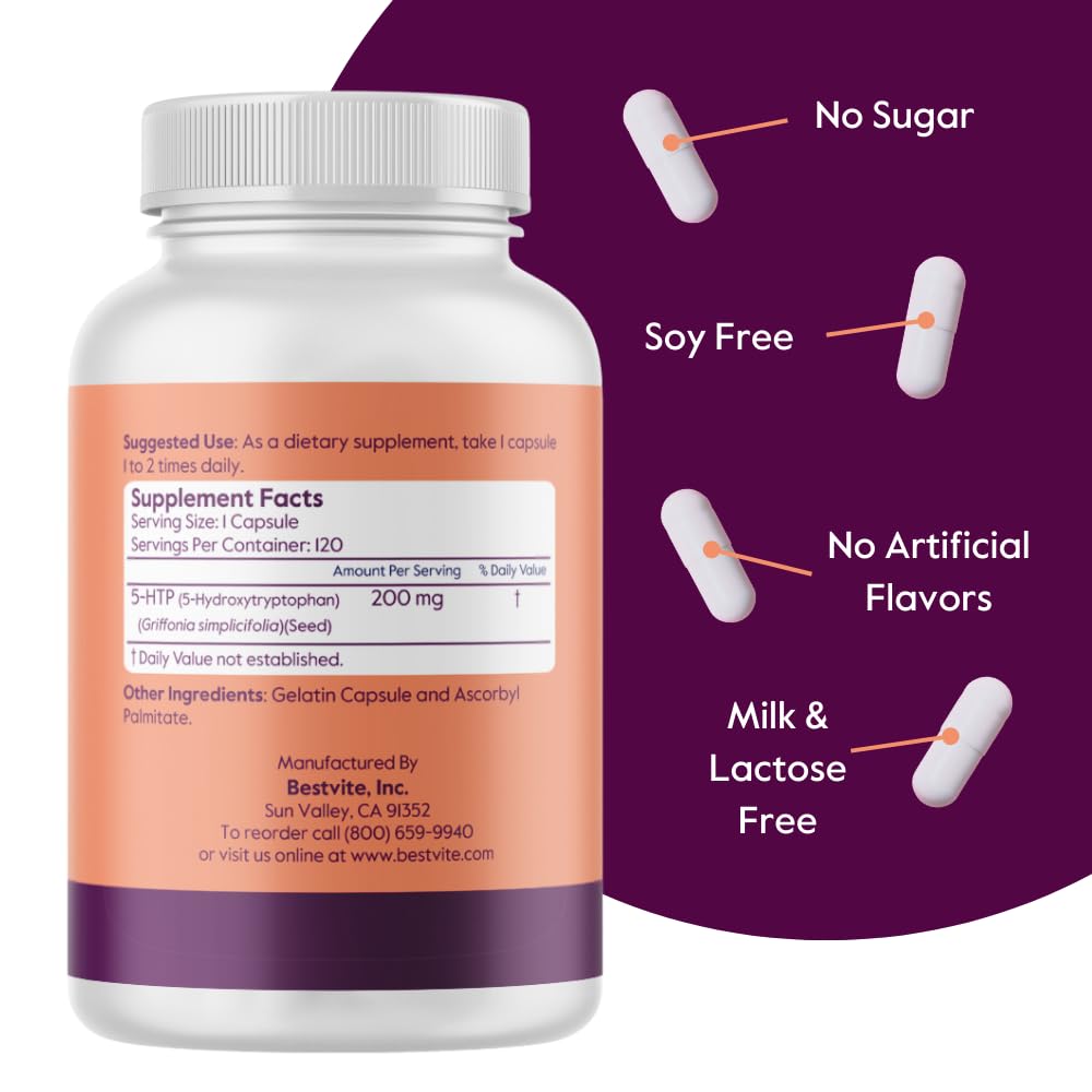 Foto 3 pulgar | Suplemento Bestvite 5-htp 200 Mg Por Cápsula (120 Cápsulas) - Venta Internacional.