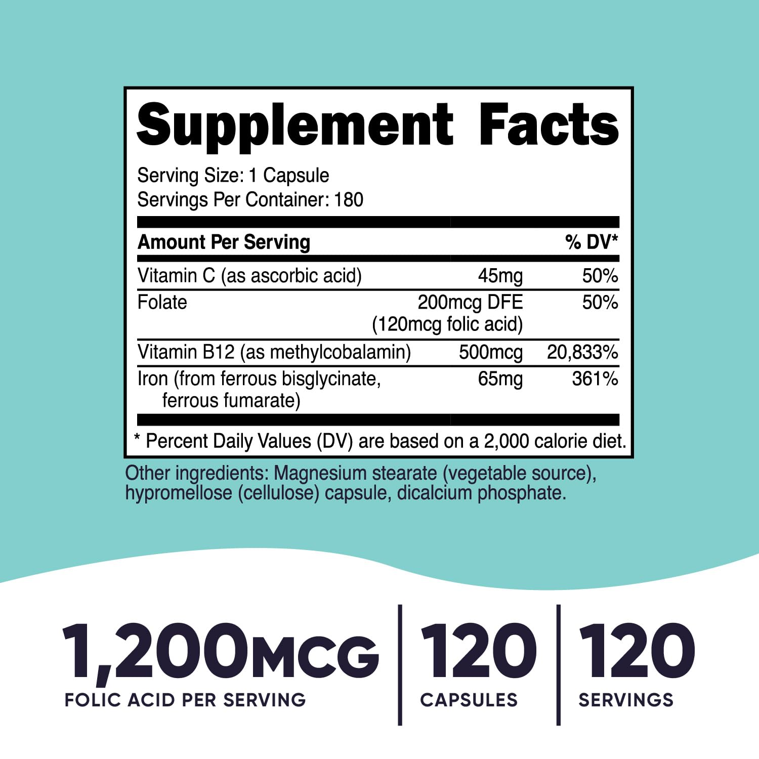 Foto 3 pulgar | Suplemento Nutricost De Ácido Fólico 1200 Mcg Con Vitamina B12 Y Biotina 120 Cápsulas - Venta Internacional.