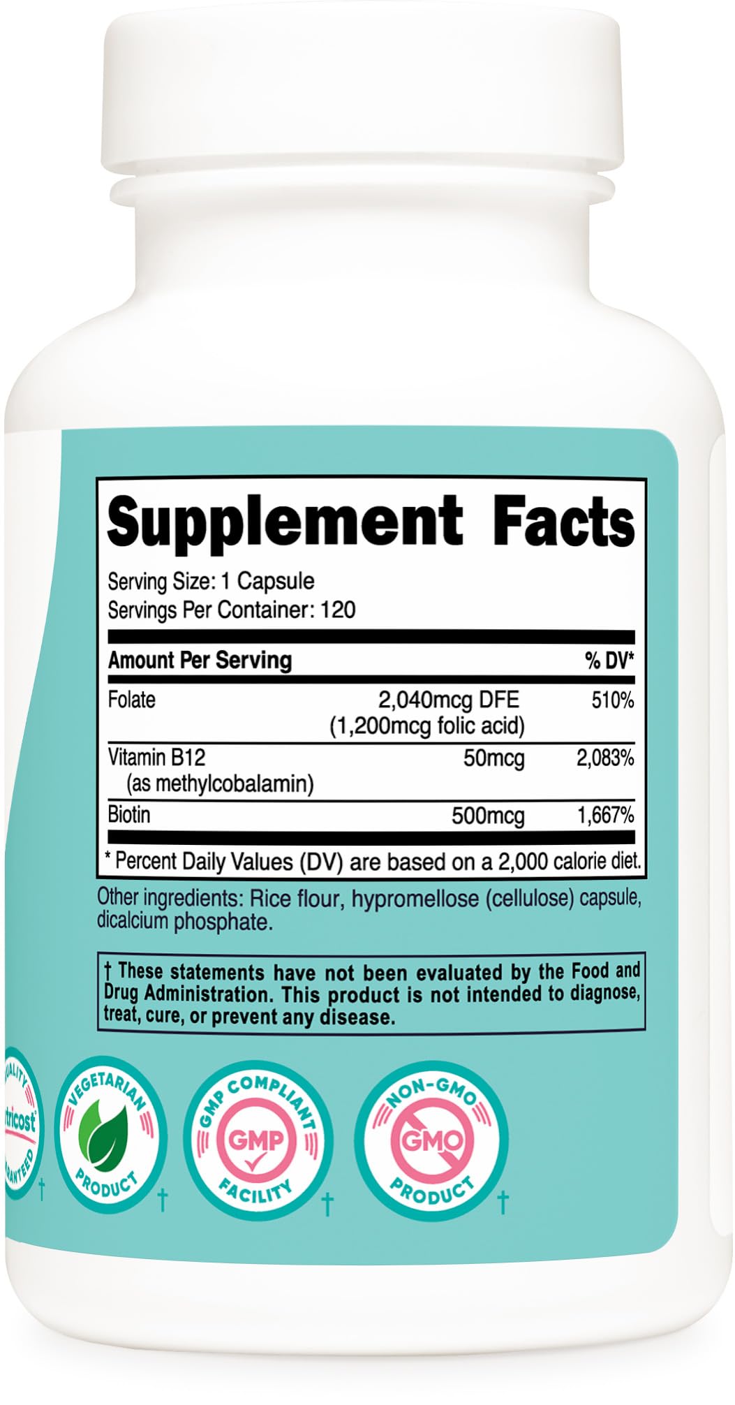 Foto 5 | Suplemento Nutricost De Ácido Fólico 1200 Mcg Con Vitamina B12 Y Biotina 120 Cápsulas - Venta Internacional.
