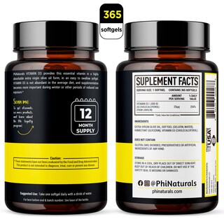 Foto 2 | Suplemento De Vitamina D3 De Phinaturals, 1000 Ui, Cápsulas Blandas, 365 Cápsulas - Venta Internacional.