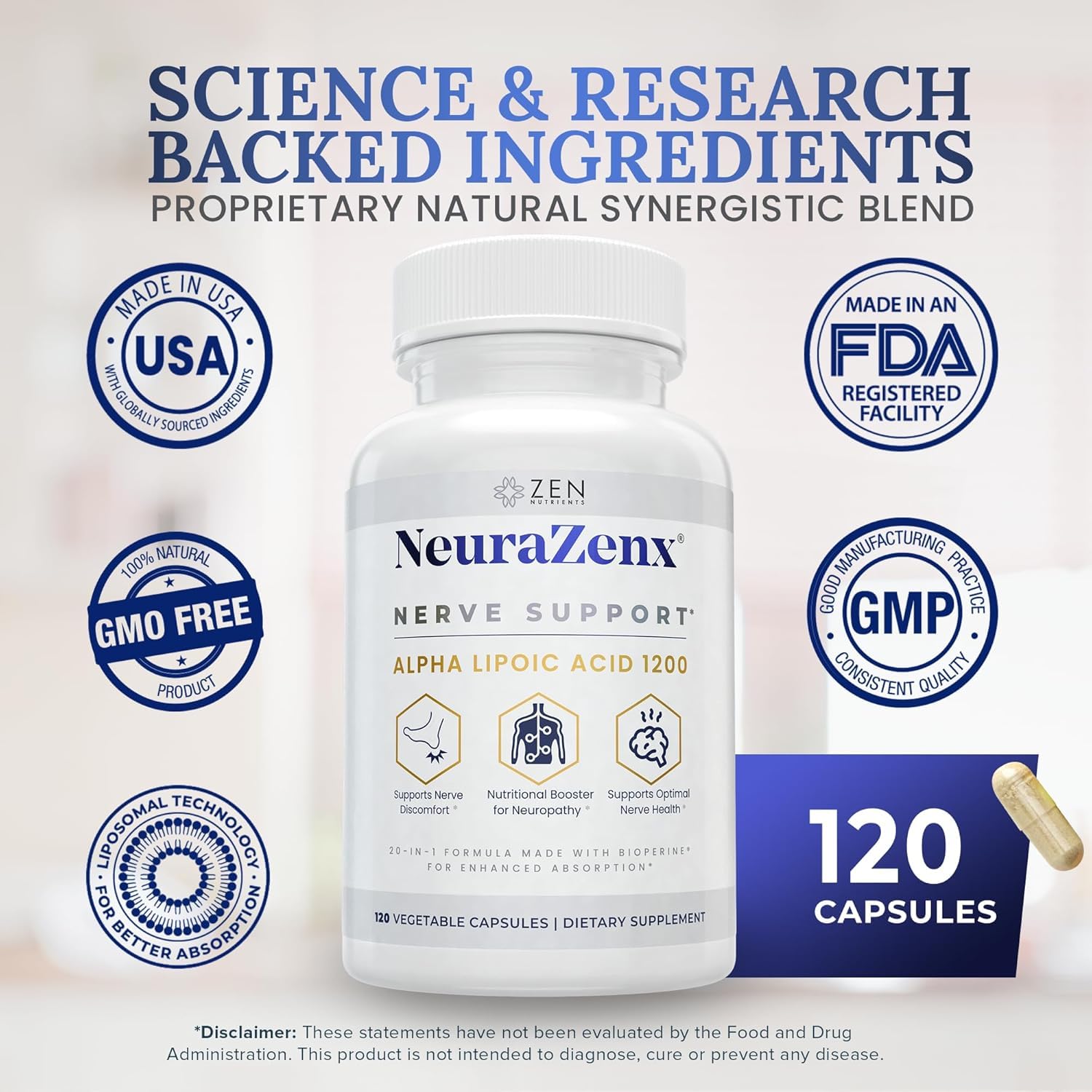 Foto 6 pulgar | Suplemento Zen Nutrients Neurazenx Nerve Support 1200 Mg De Ala - Venta Internacional.