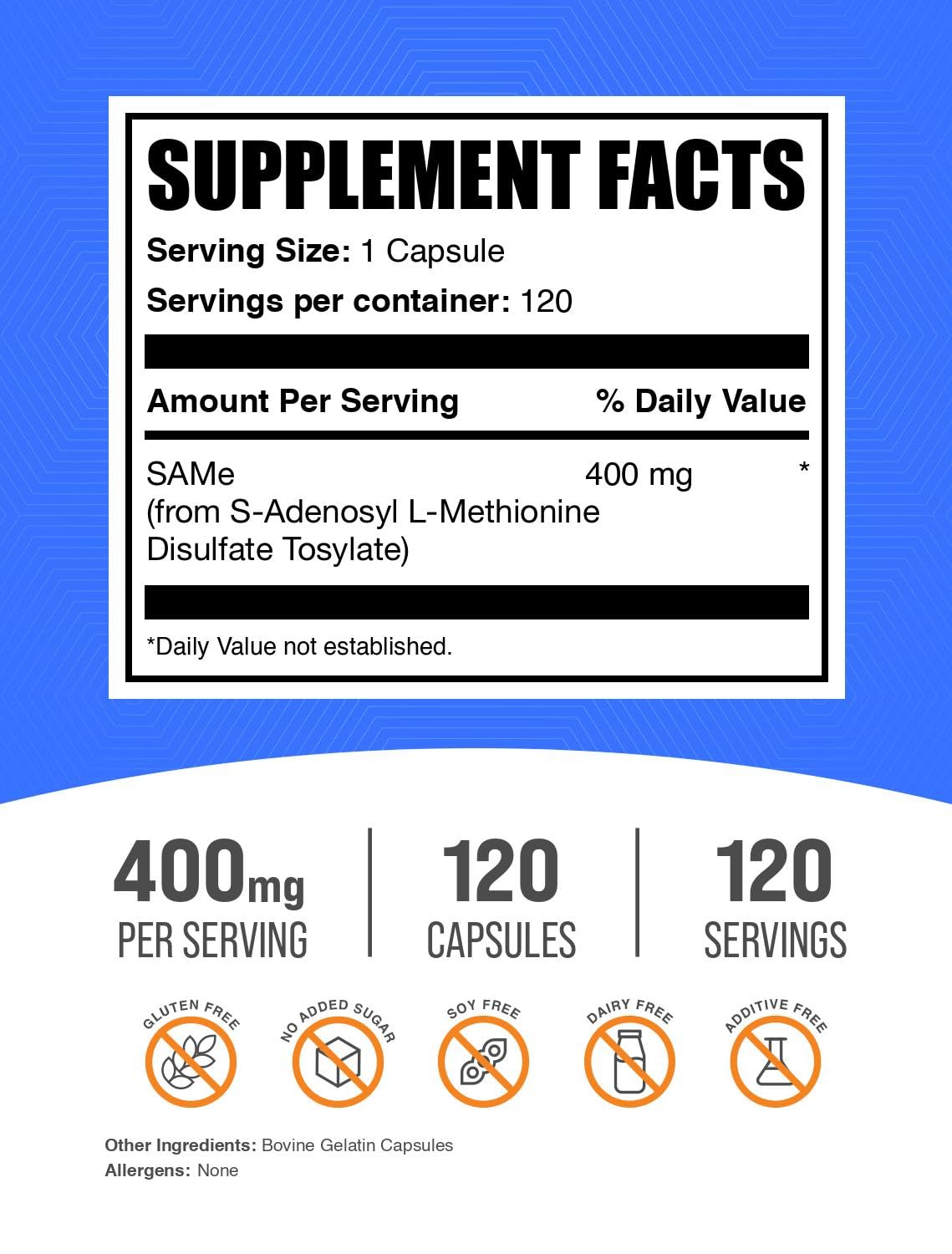 Foto 3 pulgar | Suplemento Bulksupplements.com Mismas Cápsulas Sam-e 400 Mg - Venta Internacional.