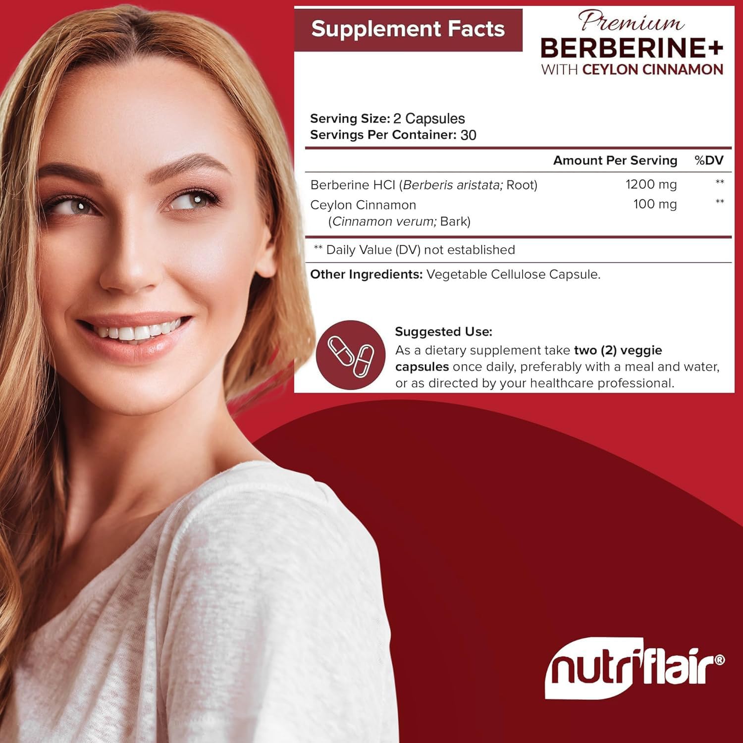 Foto 3 pulgar | Suplemento Nutriflair Premium Berberine Hcl 1200 Mg + Canela - Venta Internacional.