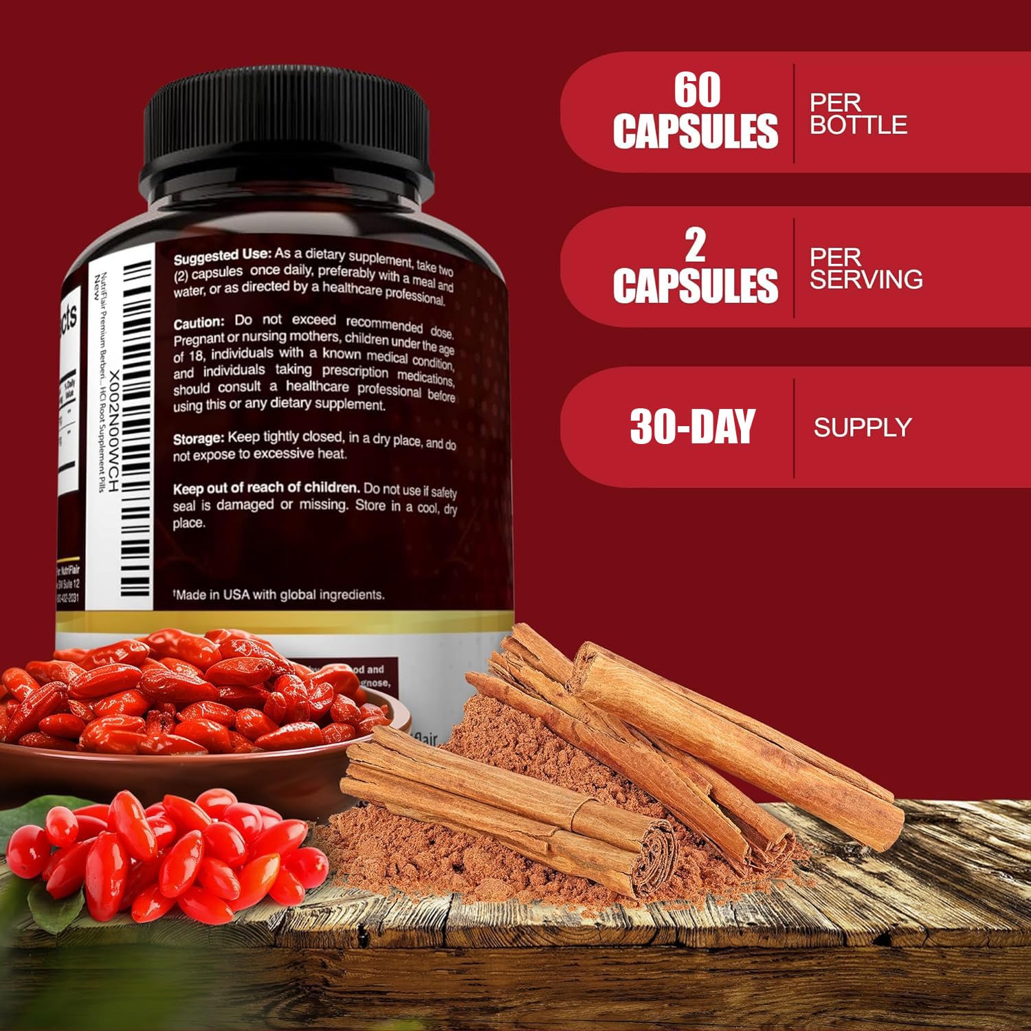 Foto 4 pulgar | Suplemento Nutriflair Premium Berberine Hcl 1200 Mg + Canela - Venta Internacional.