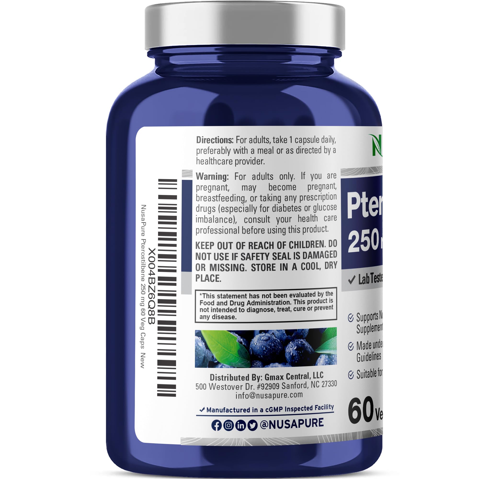 Foto 3 | Suplemento Nusapure De Pterostilbeno 250 Mg, 60 Cápsulas Vegetarianas - Venta Internacional.