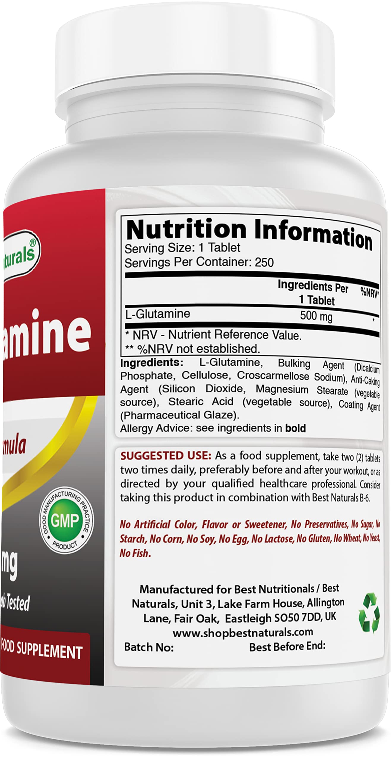 Foto 3 pulgar | Suplemento Best Naturals L-glutamina 500 Mg 250 Comprimidos - Venta Internacional.