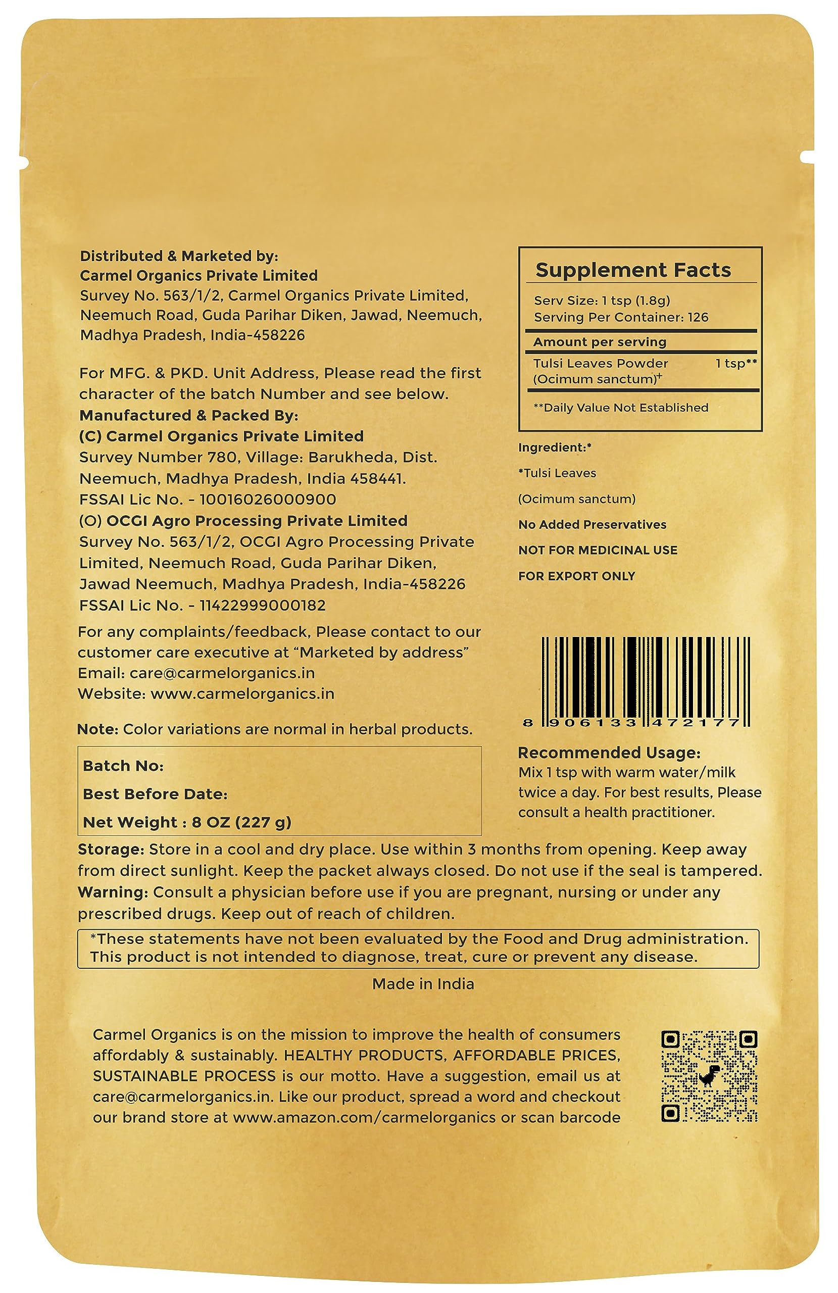 Foto 3 pulgar | Hojas De Tulsi En Polvo Carmel Organics, 227 Ml, Naturales, Sin Ogm - Venta Internacional.