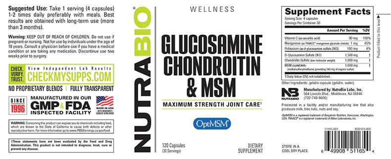 Foto 4 pulgar | Suplemento NutraBio Glucosamina Condroitina y MSM 120 Cápsulas - Venta Internacional