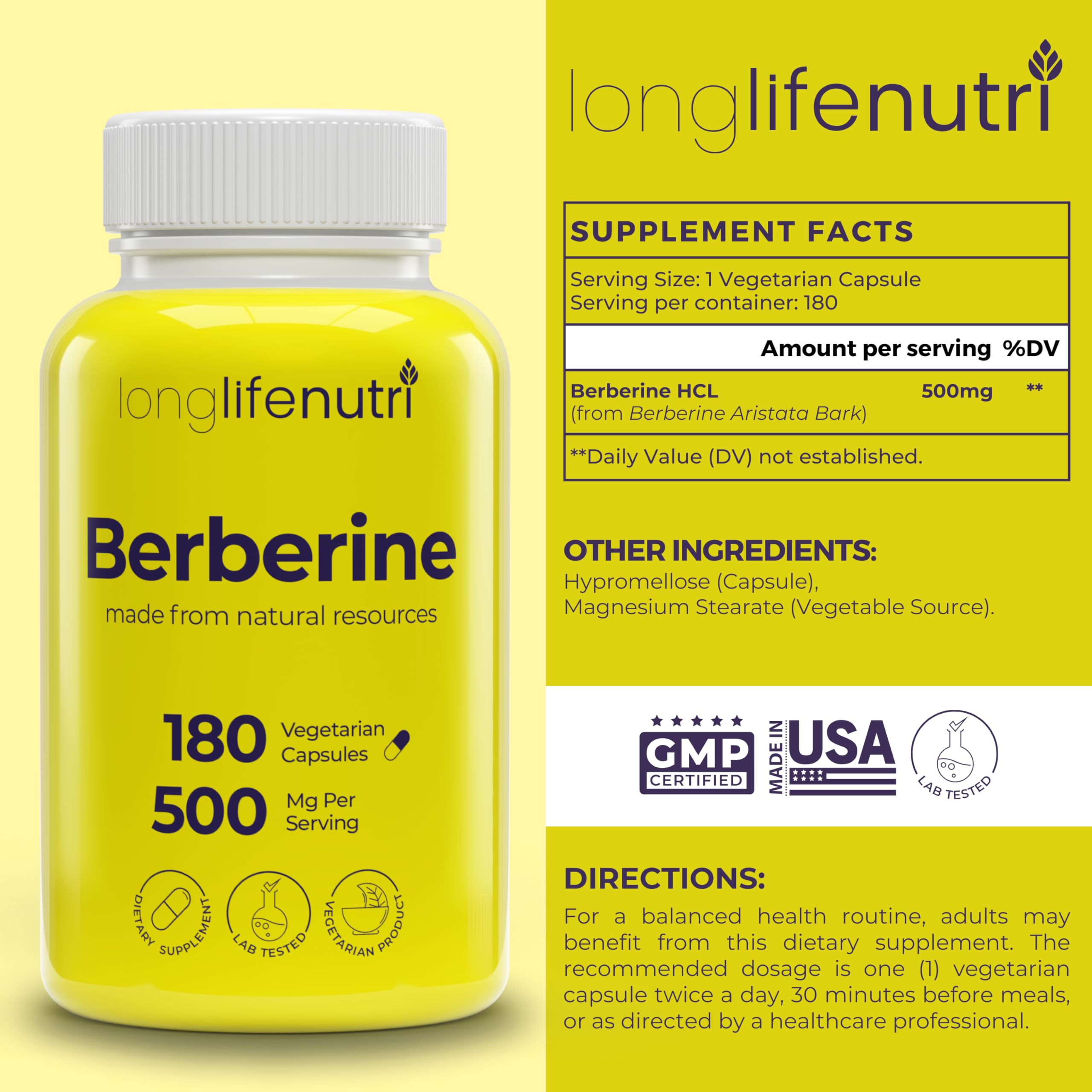 Foto 2 | Suplemento LongLifeNutri Berberine 500 mg de Extracto de HCL 180 Cápsulas - Venta Internacional