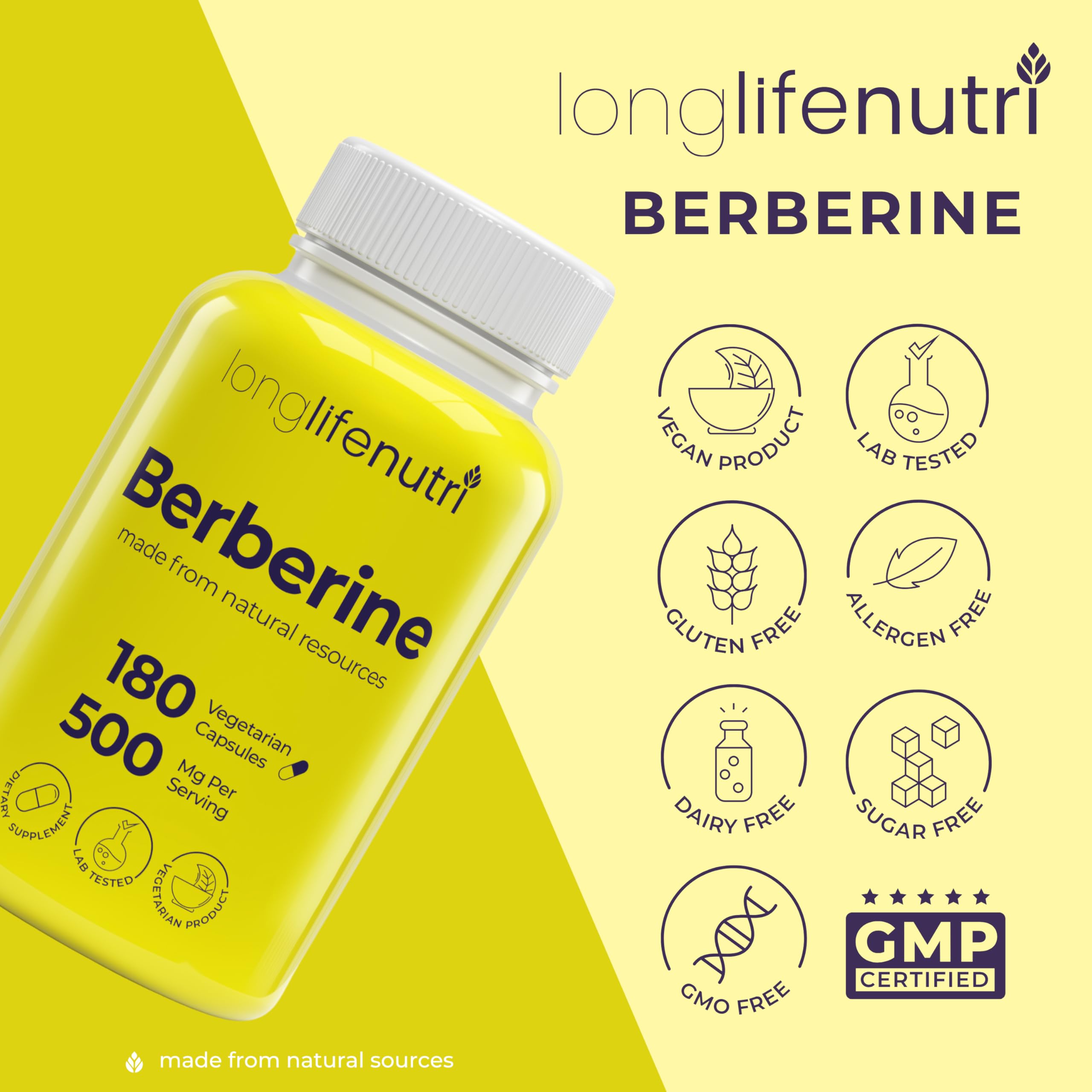 Foto 7 | Suplemento LongLifeNutri Berberine 500 mg de Extracto de HCL 180 Cápsulas - Venta Internacional