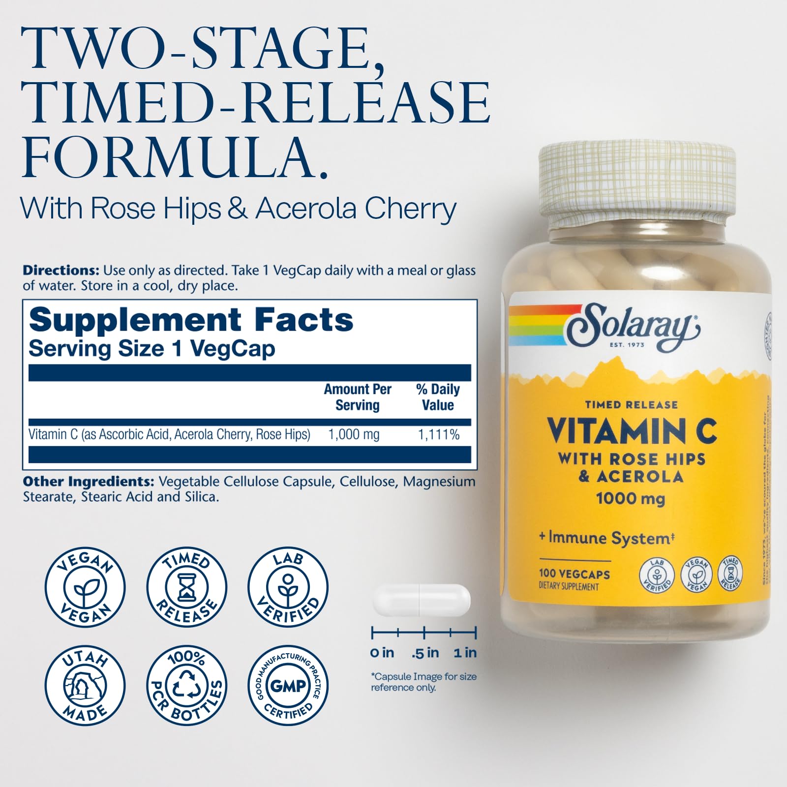 Foto 2 | Suplemento De Vitamina C Solaray 1000 Mg Con Rosa Mosqueta, 100 Cápsulas Vegetales - Venta Internacional.