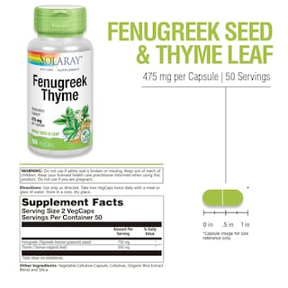 Foto 2 | Suplemento Solaray De Fenogreco Y Tomillo 950 Mg, 100 Cápsulas Vegetales - Venta Internacional.