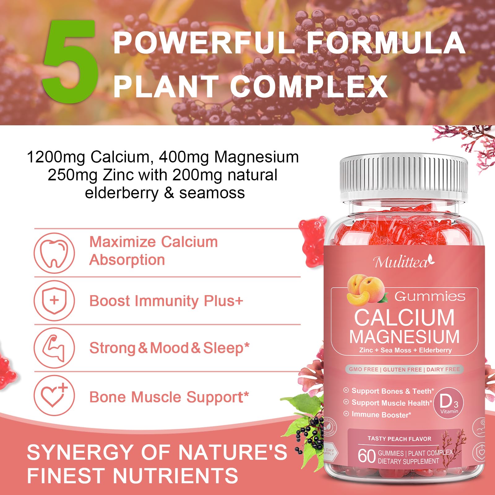 Foto 5 pulgar | Suplemento Mulittea En Gomitas De Calcio De 1200 Mg Con D3, K2 Y Zinc - Venta Internacional.